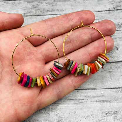 14K Gold Plated Boho Hoop Earrings with Colorful Sea Shell Charms, Bohemian Style Lightweight Beach Jewelry