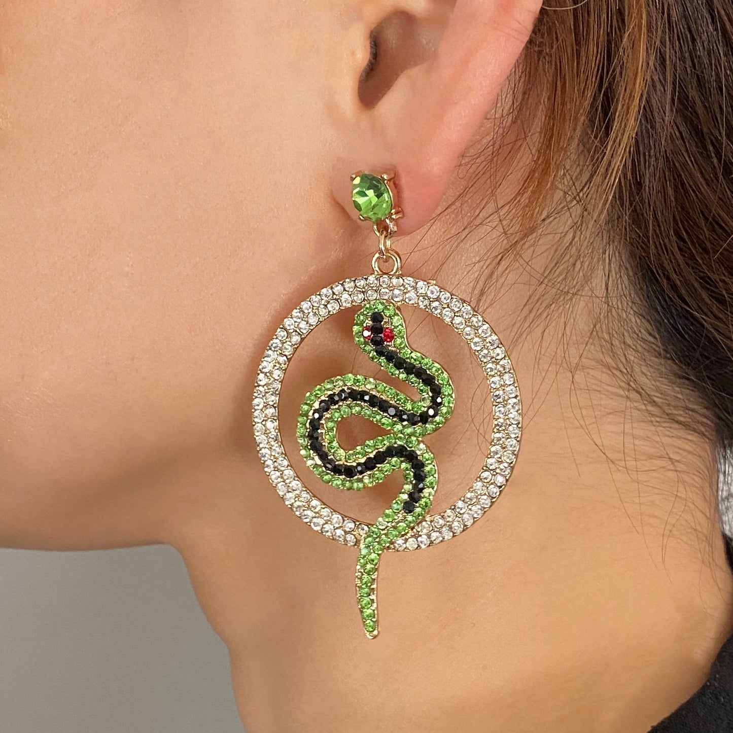 Green Snake Sparkling Gold Hoop Earrings with Ruby Red Eyes | Serpent Dangle Statement Jewelry | Gothic Festival Earrings
