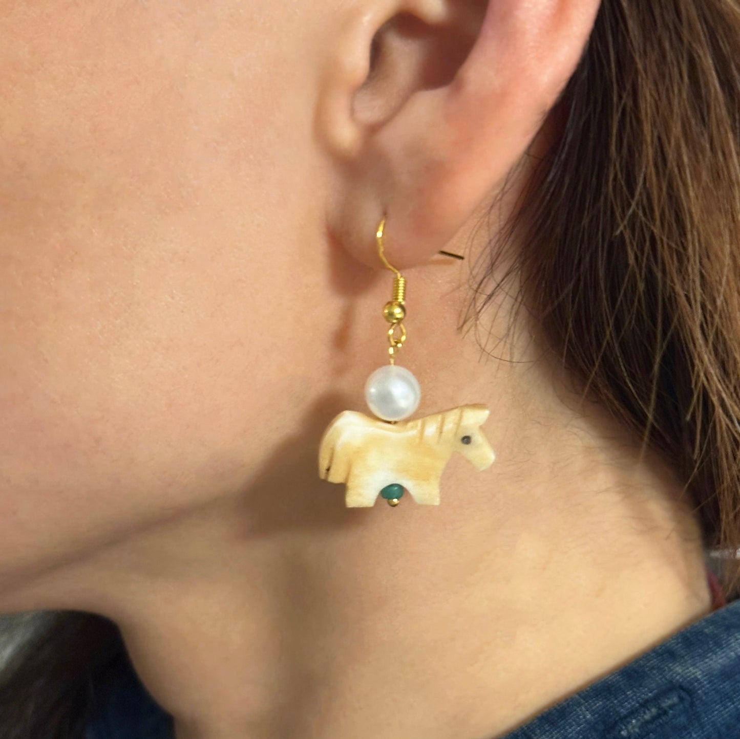 Hand-Carved Natural Bone Horse & Pearl Dangle Earrings – Equestrian Statement Jewelry
