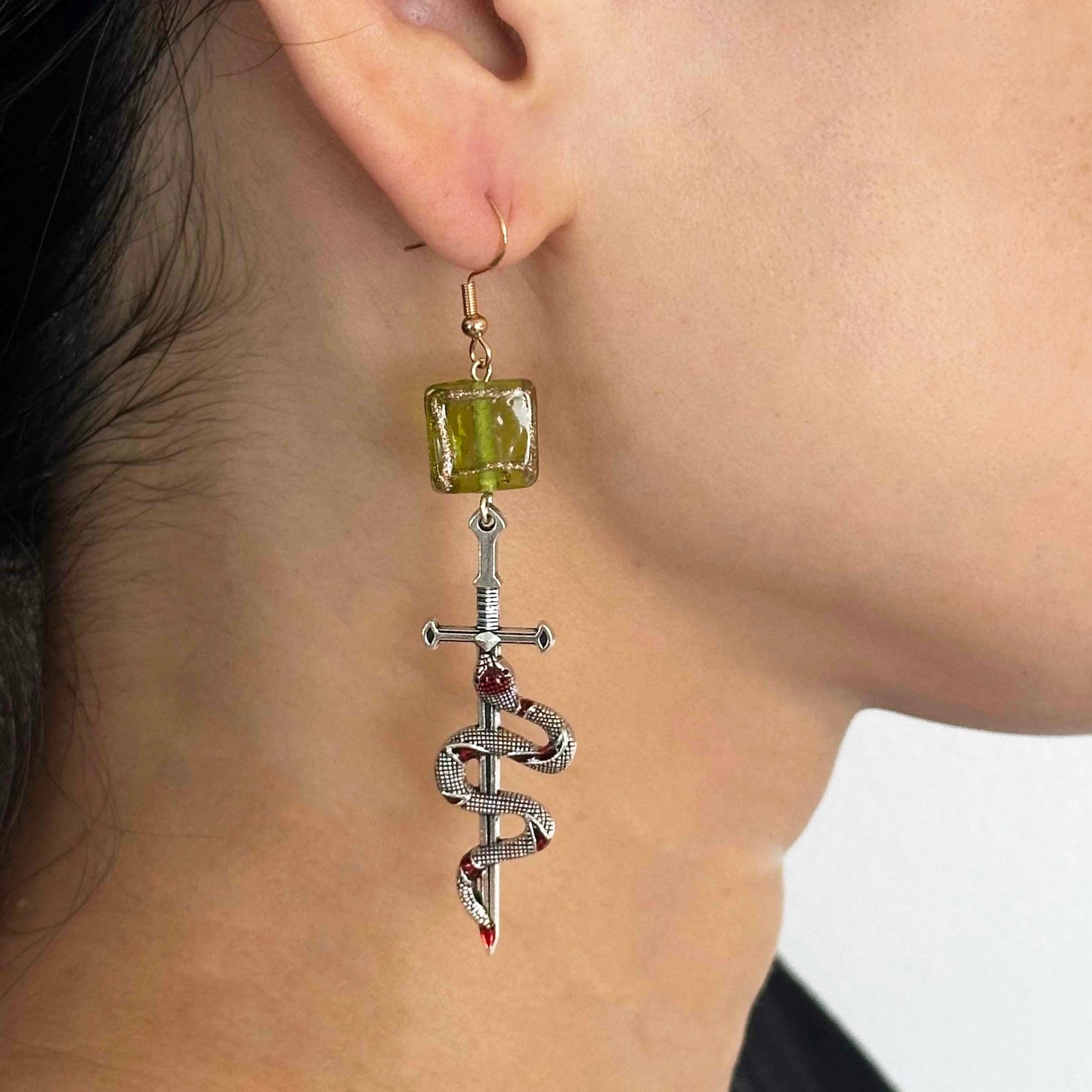 Silver Snake Sword Dangle Earrings – Green Glass Cube Beads, Gothic Fantasy Statement Jewelry