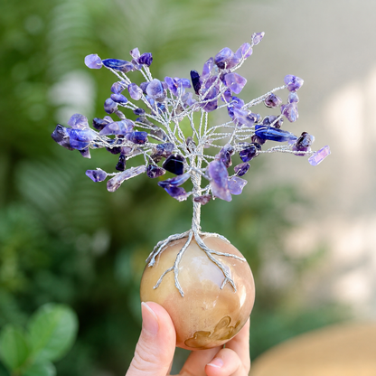 Handmade Amethyst Gemstone Tree on Polychrome Jasper Sphere – Crystal Tree of Life Home Decor