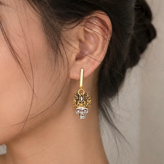 Gold-Toned Crown and Gothic Skull Dangle Earrings