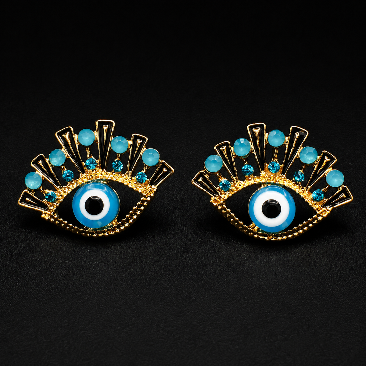 Blue Evil Eye Stud Earrings – Gold-Tone Crystal Nazar Statement Earrings