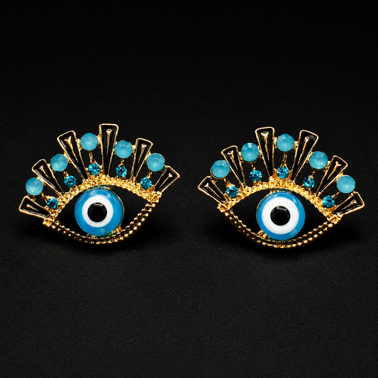 Blue Evil Eye Stud Earrings – Gold-Tone Crystal Nazar Statement Earrings