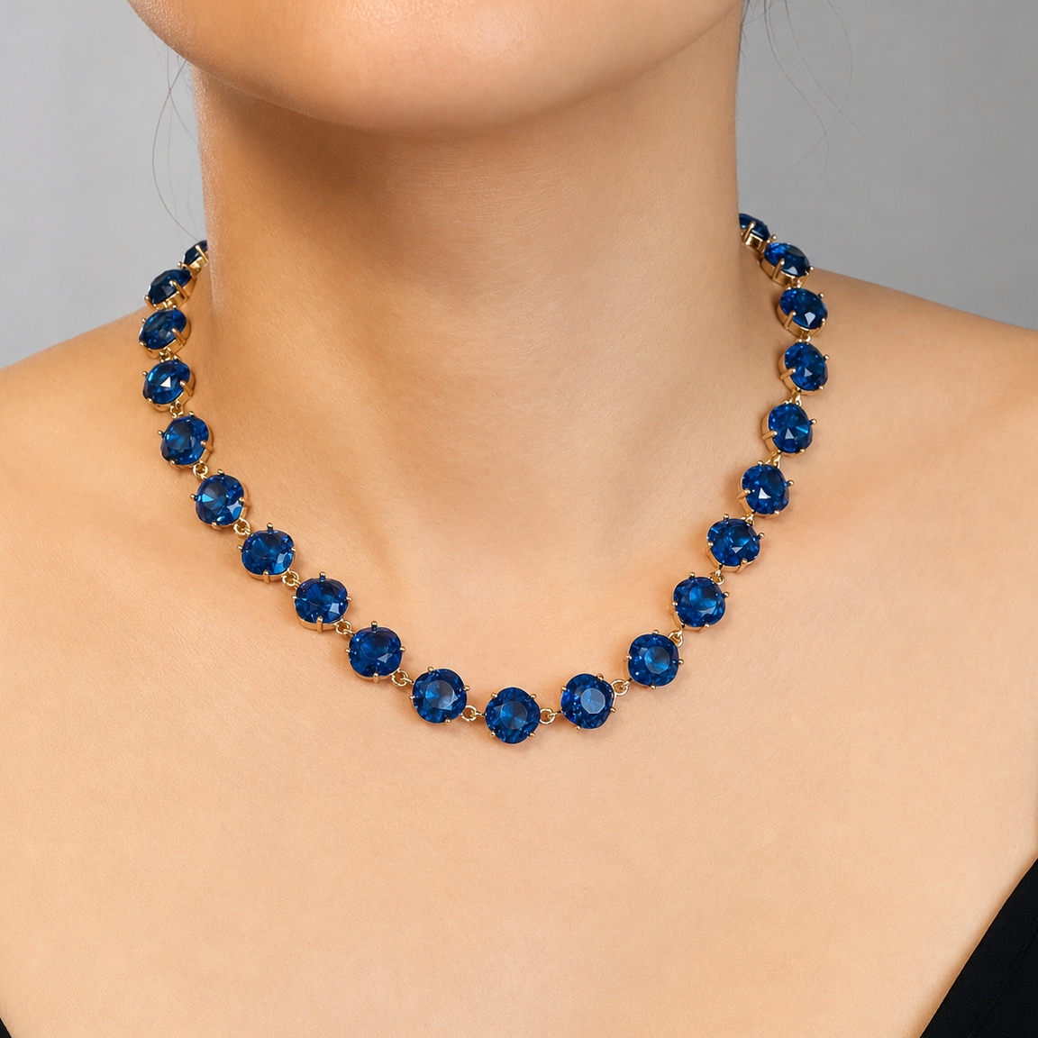Sapphire Blue Crystal Tennis Necklace - Gold-Tone Statement Choker