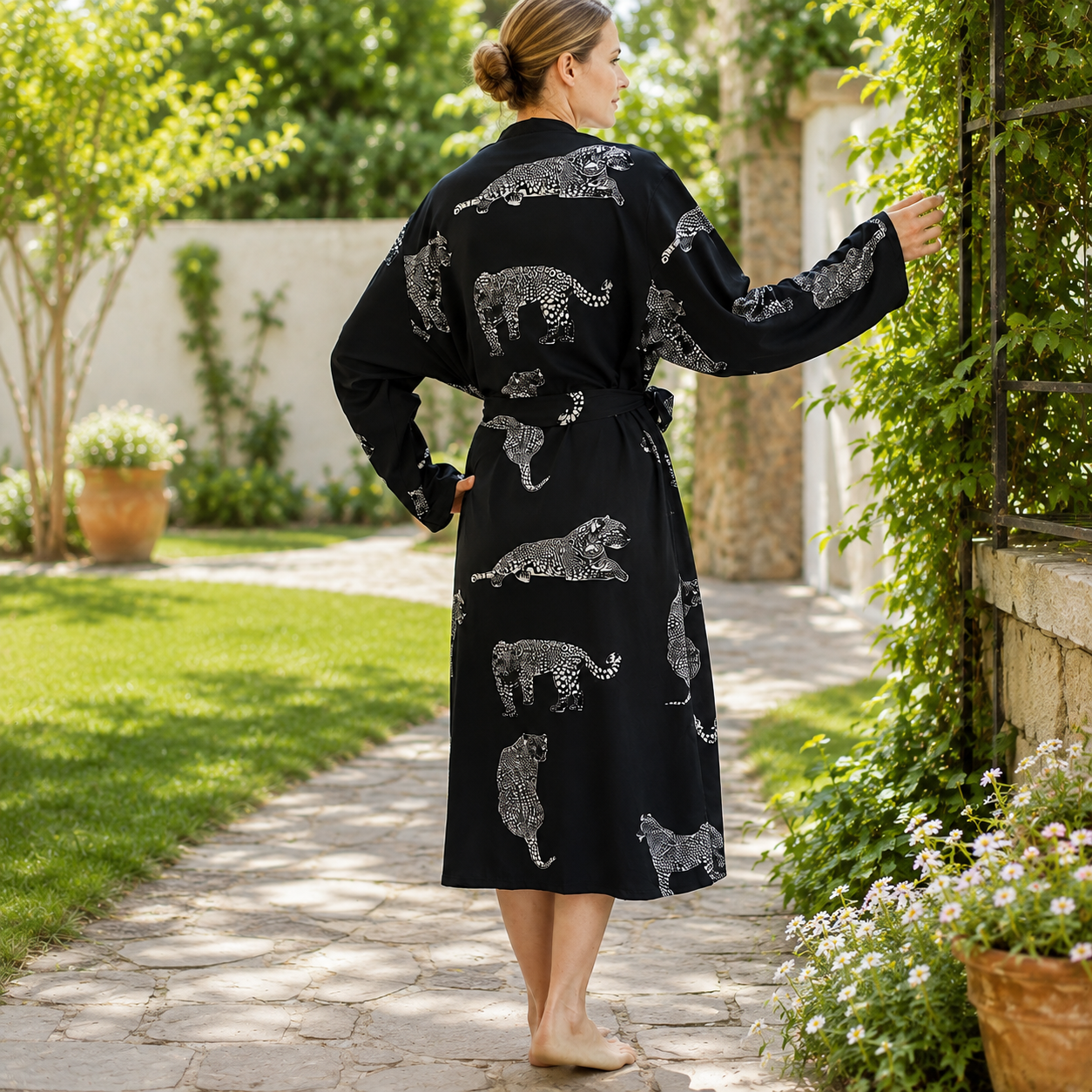 Black & White Leopard Print Kimono Robe, Women's Long Belted Dressing Gown, Boho Loungewear, Asian Inspired Sleepwear