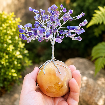 Handmade Amethyst Gemstone Tree on Polychrome Jasper Sphere – Crystal Tree of Life Home Decor