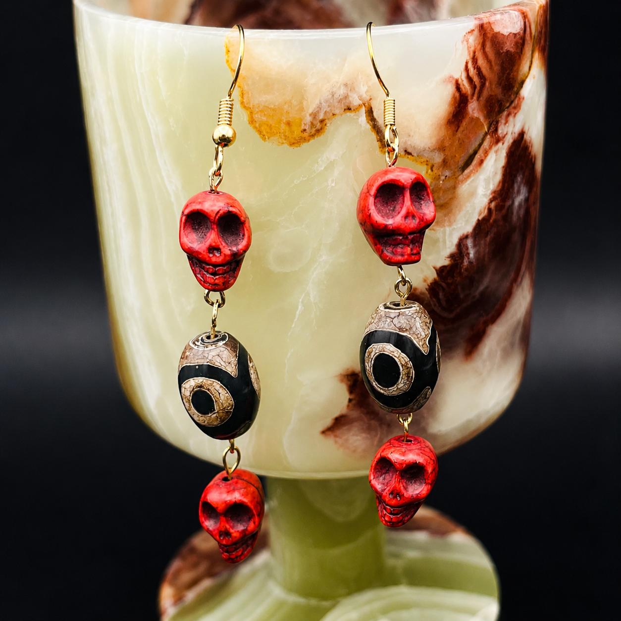 Red Skull Beaded Drop Earrings - Gothic Halloween Statement Earrings