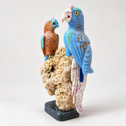 Hand-Carved Gemstone Parrot Pair Sculpture on Calcite Cluster – Tropical Bird Home Decor