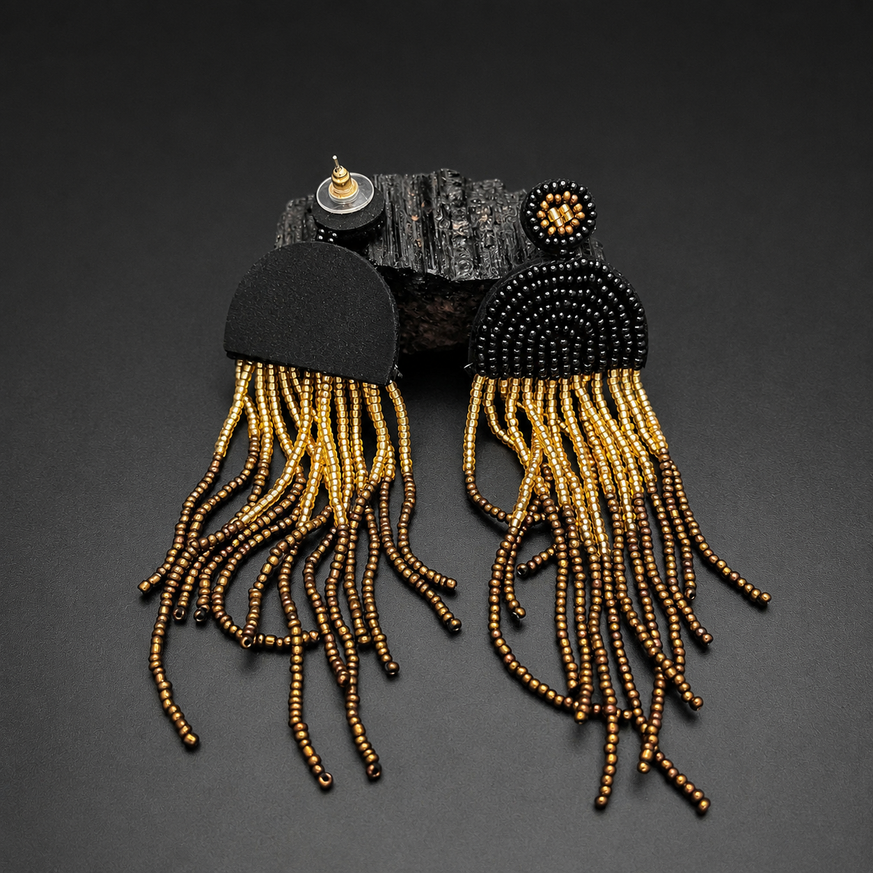 Black & Gold Seed Bead Fringe Earrings | Gothic Boho Jewelry