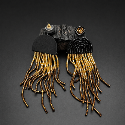 Black & Gold Seed Bead Fringe Earrings | Gothic Boho Jewelry