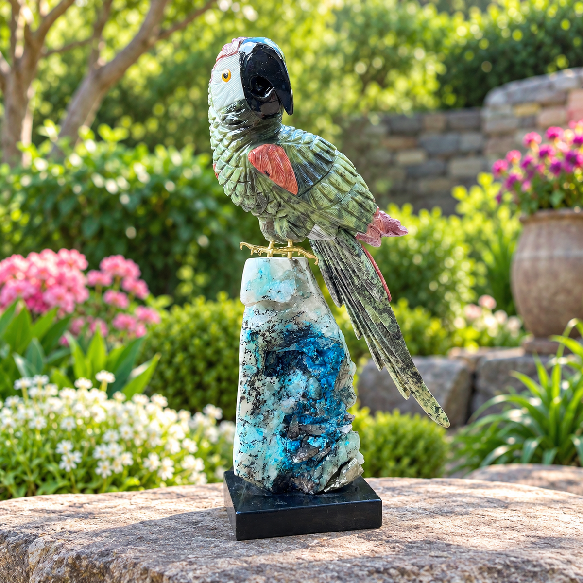 Colorful Gemstone Parrot Sculpture | Hand-Carved Natural Stone Bird on Chrysocolla Base | Tropical Home Decor