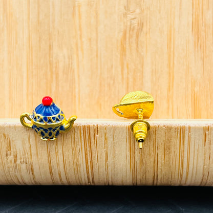 Blue Tea Bottle & Teacup Stud Earrings - Boho Chic Minimalist Gold Jewelry