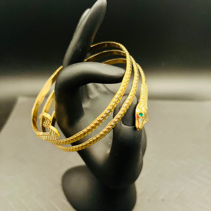 Emerald-Eyed Gold Snake Arm & Wrist Bracelet | Statement Serpent Jewelry