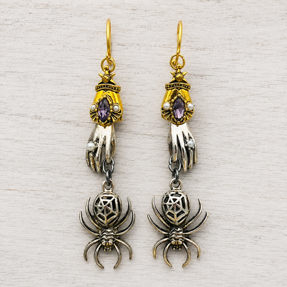 Gothic Hand & Spider Dangle Earrings - Purple Crystal Statement Jewelry