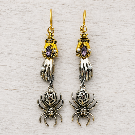 Gothic Hand & Spider Dangle Earrings - Purple Crystal Statement Jewelry