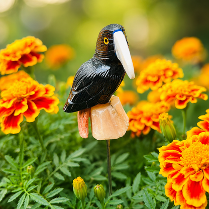 Hand-Carved Gemstone Toucan Garden Stake – Natural Stone Tropical Bird Garden Decor