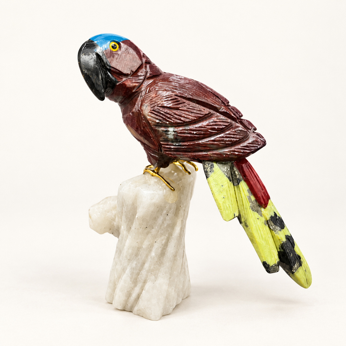 Natural Gemstone Parrot Sculpture – Macaw Bird Figurine on Milky Quartz