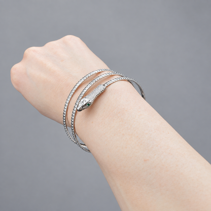 Silver Snake Arm & Wrist Bracelet with Emerald Eyes – Statement Serpent Jewelry