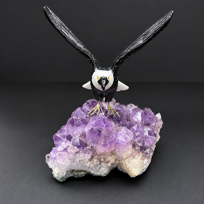Bald Eagle Sculpture on Amethyst Geode – Gemstone Bird Figurine