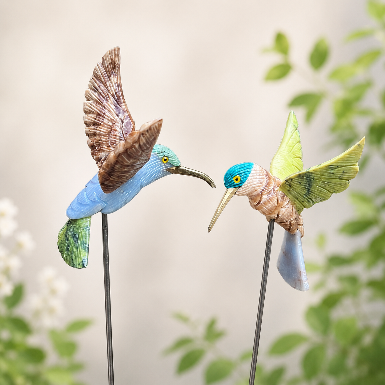 Natural Gemstone Hummingbird Stick Garden Décor Art