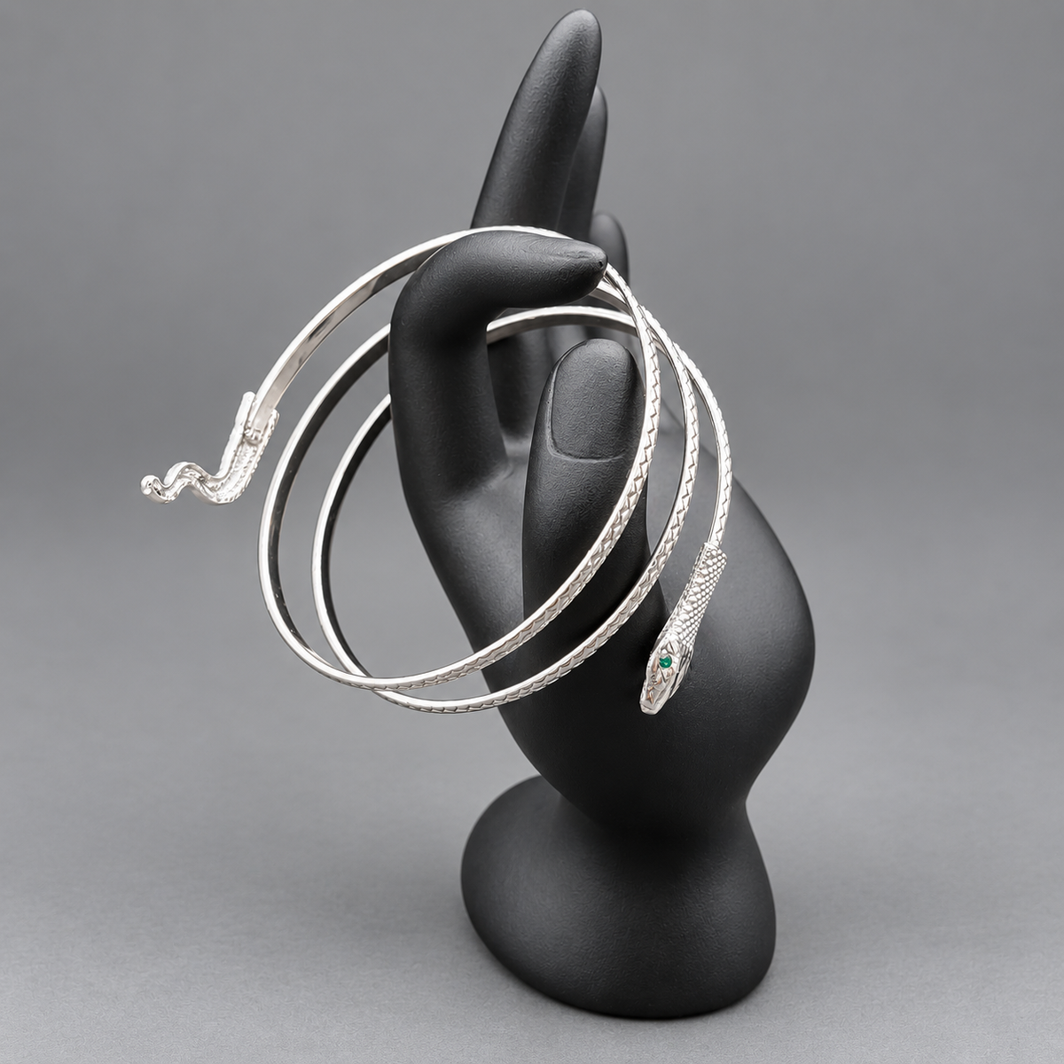 Silver Snake Arm & Wrist Bracelet with Emerald Eyes – Statement Serpent Jewelry