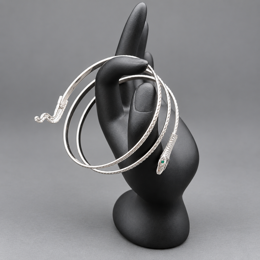 Silver Snake Arm & Wrist Bracelet with Emerald Eyes – Statement Serpent Jewelry
