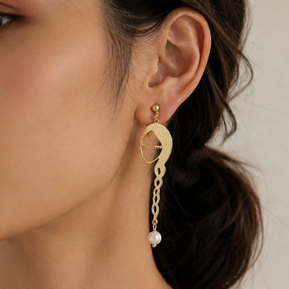 Gold Abstract Face Earrings with Pearl Drops – Modern Art Statement Jewelry