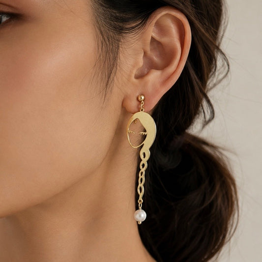 Gold Abstract Face Earrings with Pearl Drops – Modern Art Statement Jewelry