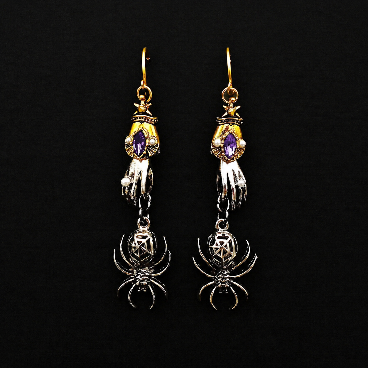 Gothic Hand & Spider Dangle Earrings - Purple Crystal Statement Jewelry