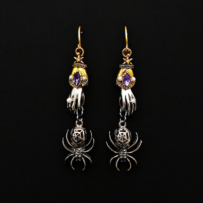 Gothic Hand & Spider Dangle Earrings - Purple Crystal Statement Jewelry