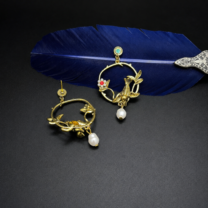 Victorian Gold-Tone Bird & Pearl Drop Earrings - Baroque Floral Statement Jewelry
