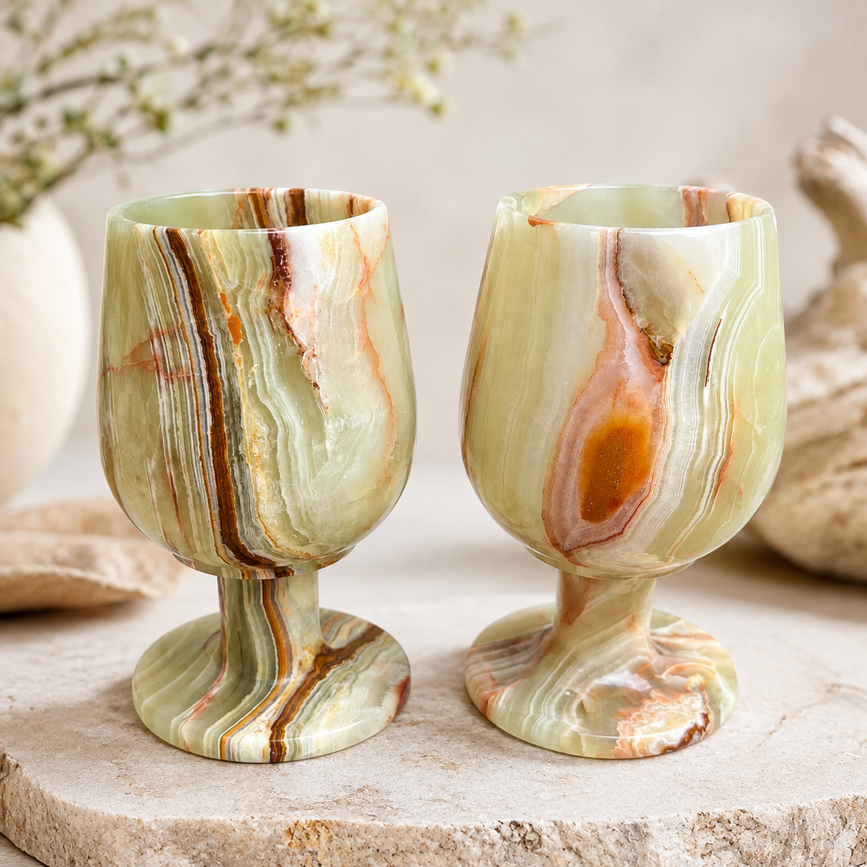 Natural Onyx Stone Wine Goblets – Set of 2 Hand-Carved Banded Stone Cups