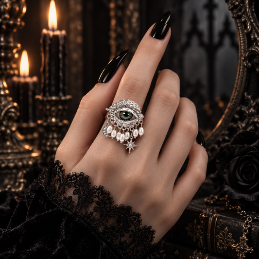 Gothic Green Evil Eye Ring | Silver-Tone Celestial Statement Ring with Pearl Drops