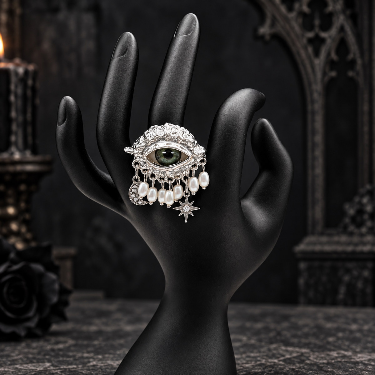 Gothic Green Evil Eye Ring | Silver-Tone Celestial Statement Ring with Pearl Drops