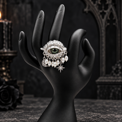 Gothic Green Evil Eye Ring | Silver-Tone Celestial Statement Ring with Pearl Drops