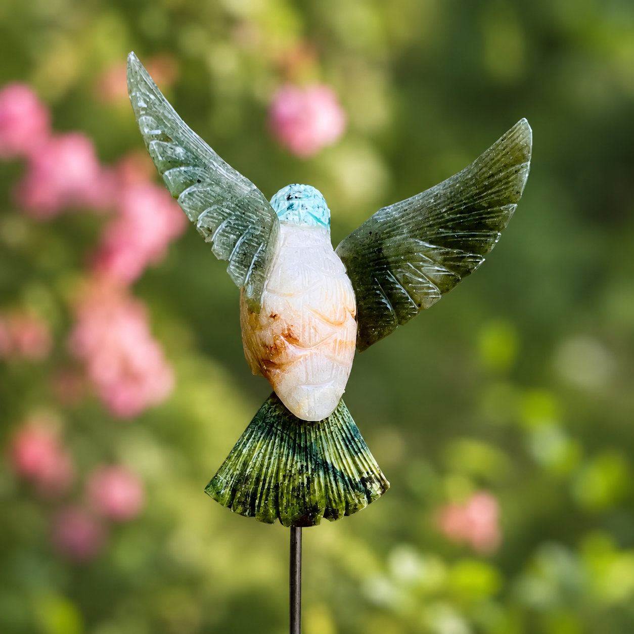 Hand-Carved Gemstone Hummingbird Garden Stake – Natural Stone Bird Garden Decor