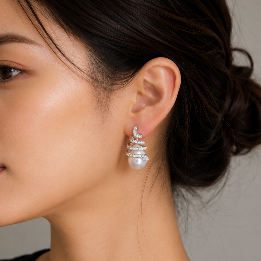 silver snake pearl earrings