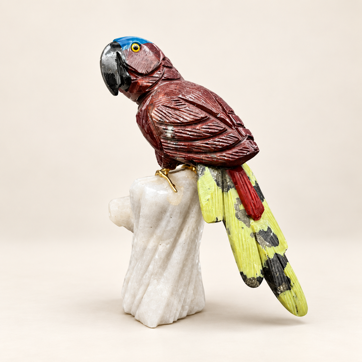 Natural Gemstone Parrot Sculpture – Macaw Bird Figurine on Milky Quartz
