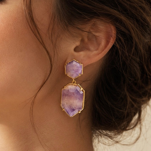 Natural Gemstone Dangle Earrings, Bohemian Style Gold-toned Birthstone Amethyst, Rose Quartz Stone Jewelry