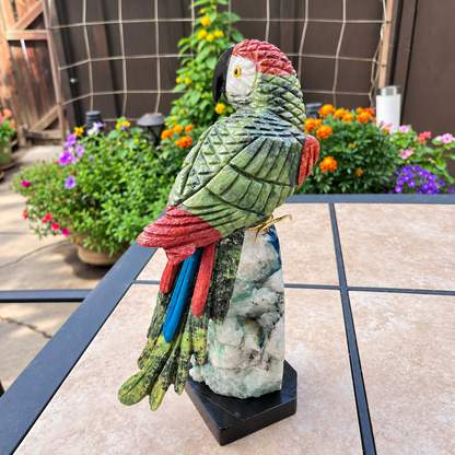 Colorful Gemstone Parrot Sculpture | Hand-Carved Natural Stone Bird on Chrysocolla Base | Tropical Home Decor