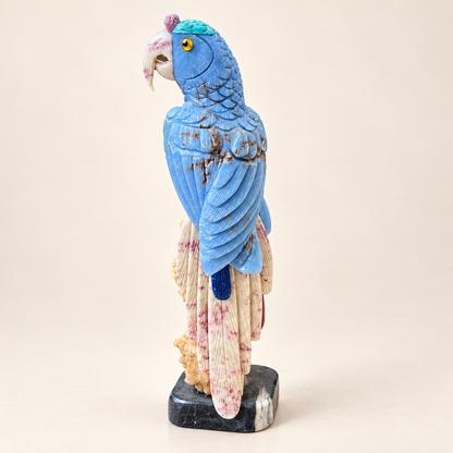 Hand-Carved Gemstone Parrot Pair Sculpture on Calcite Cluster – Tropical Bird Home Decor