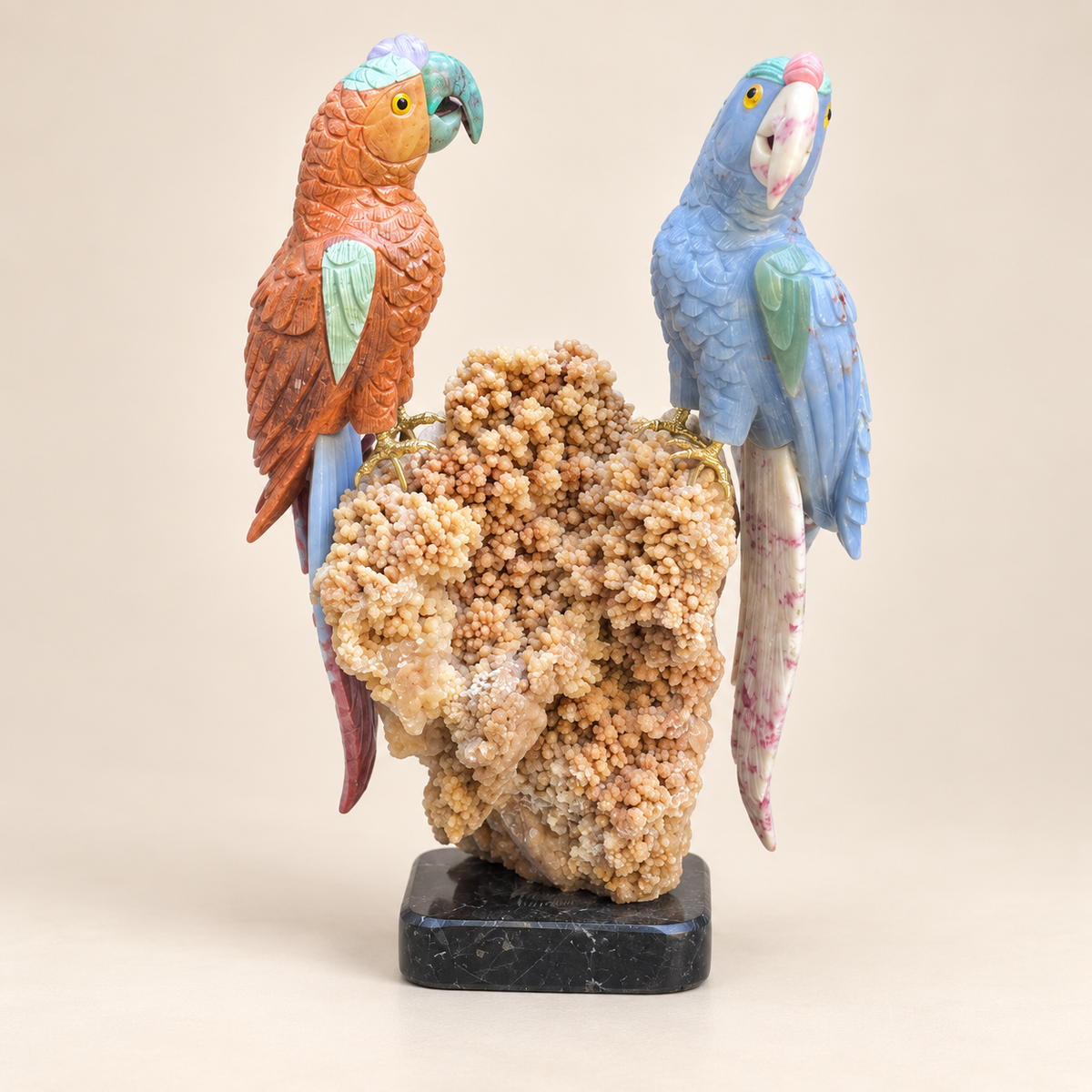 Hand-Carved Gemstone Parrot Pair Sculpture on Calcite Cluster – Tropical Bird Home Decor
