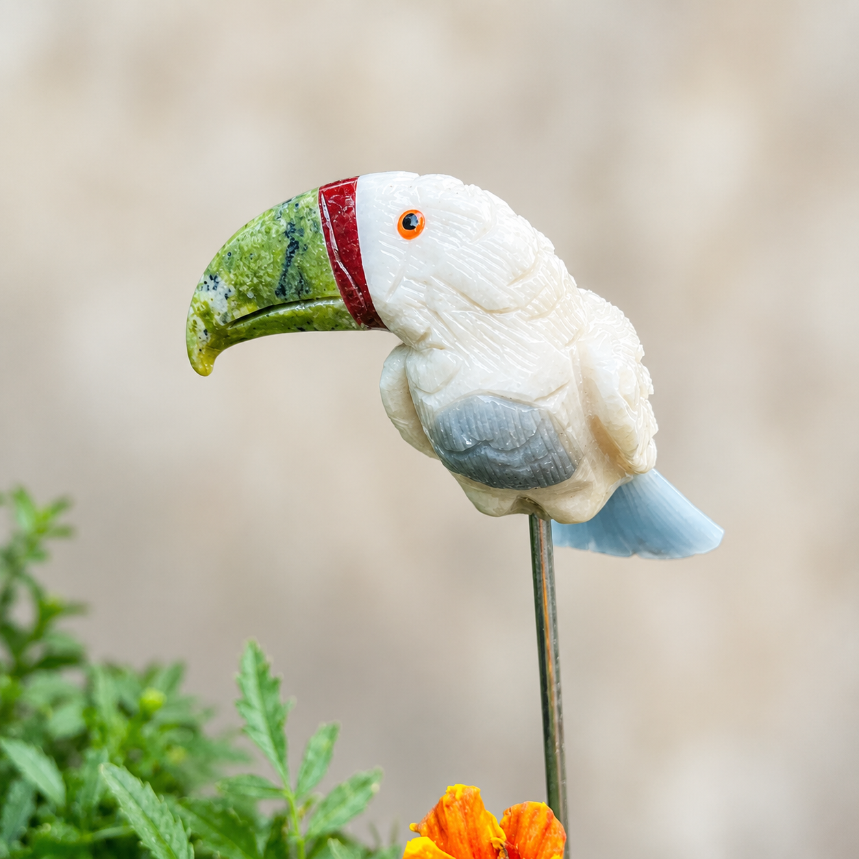 Gemstone Toucan Bird Garden Stake - Natural Stone Tropical Garden Decor