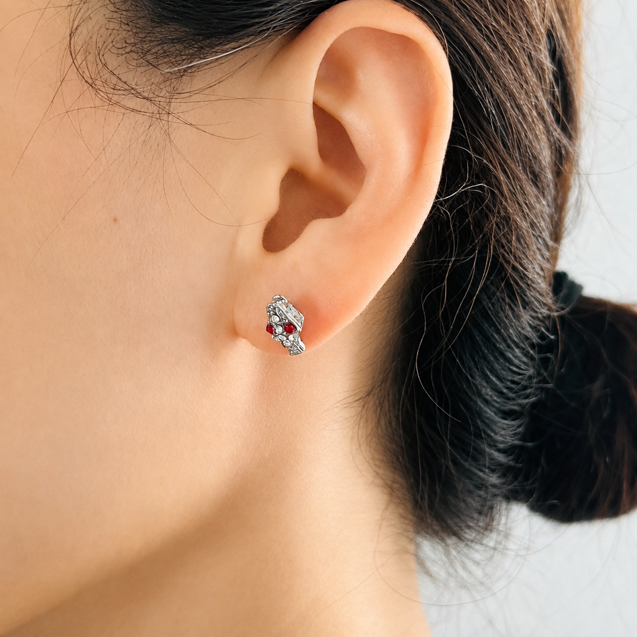 Asymmetrical Silver Snake Ear Wrap and Serpent Stud - Ruby-Eyed Gothic Jewelry