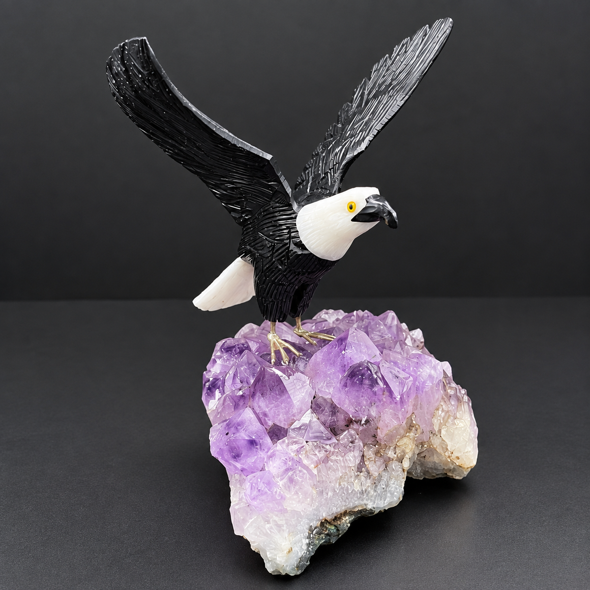 Bald Eagle Sculpture on Amethyst Geode – Gemstone Bird Figurine