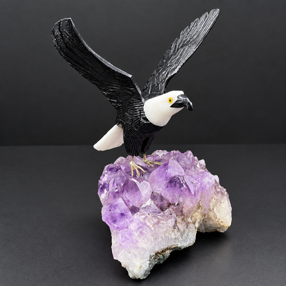 Bald Eagle Sculpture on Amethyst Geode – Gemstone Bird Figurine