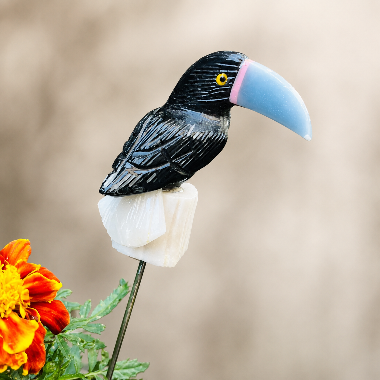 Gemstone Toucan Bird Garden Stake - Natural Stone Tropical Garden Decor