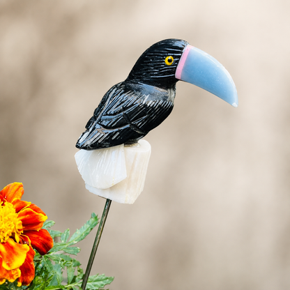 Gemstone Toucan Bird Garden Stake - Natural Stone Tropical Garden Decor