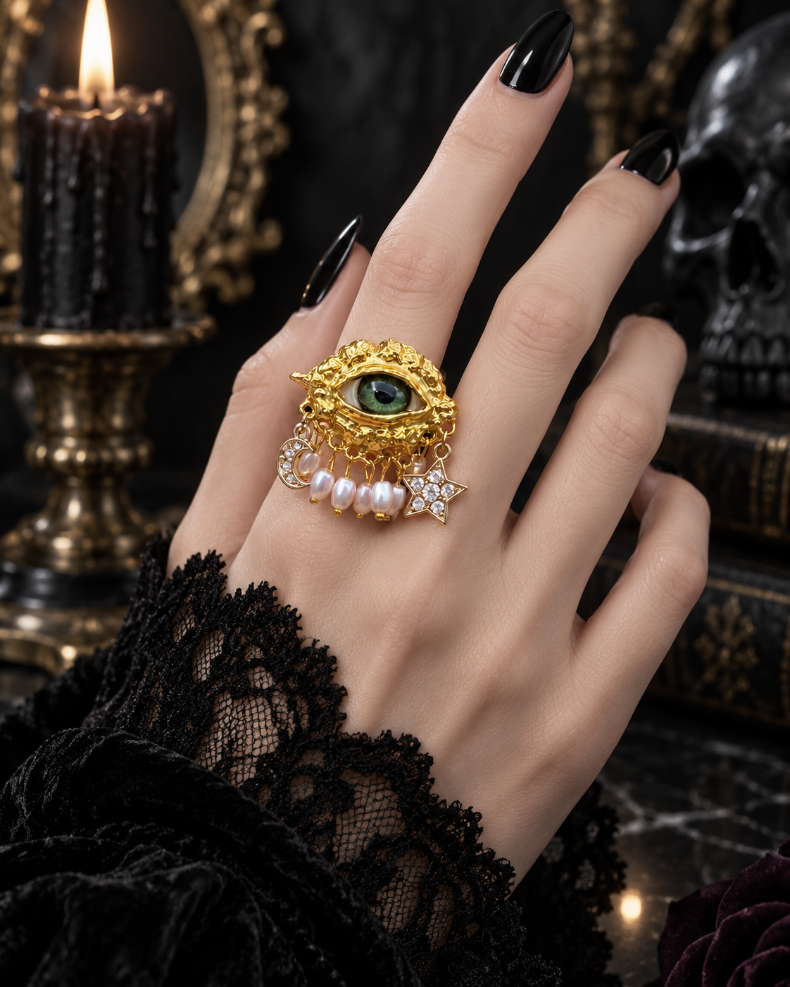 Gothic Evil Eye Statement Ring | Green Eye, Pearl Drops & Celestial Moon Star Details